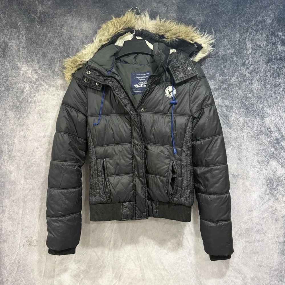 American Eagle Outfitters Womens M Black Puffer Jacket Faux Fur Hood Winter Coat